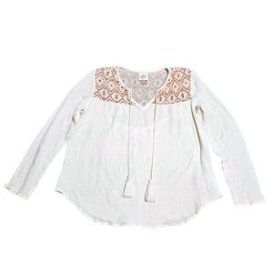 Knox Rose Boho Peasant Top Gauze Cotton Embroidered Tassel Pullover Blouse Sz M